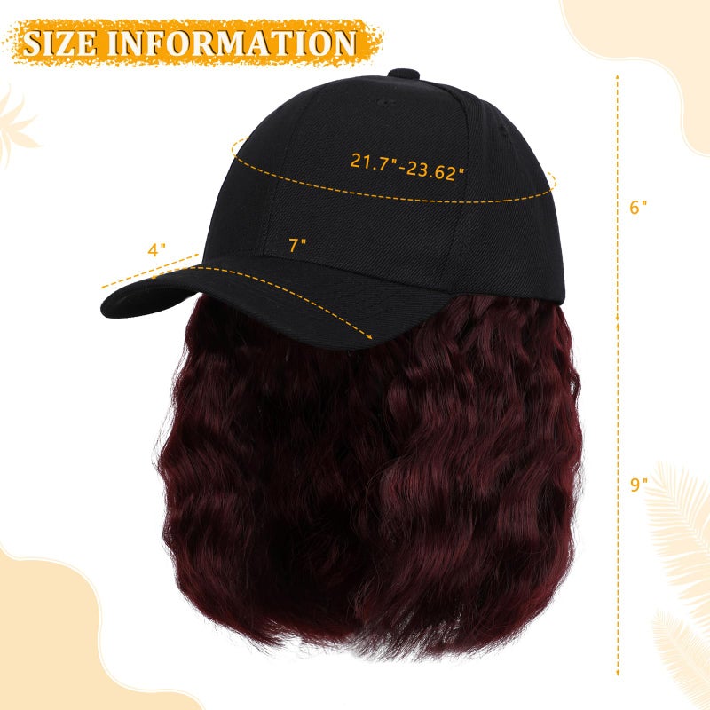 Lansigreen Baseball Cap with Hair Extensions Hat Wig Adjustable Hat Attached Curly Wave 14" Synthetic Hairpiece for Women Grape Red - Image 3